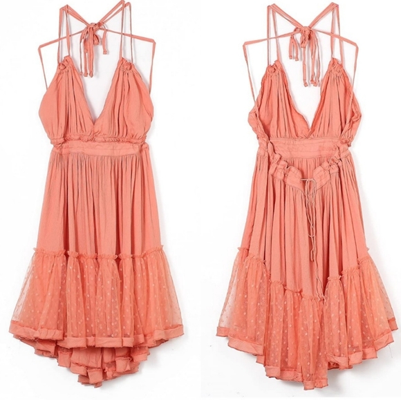 New Bohemian Plunge Halter Swiss Dot Mini Dress - Picture 6 of 8